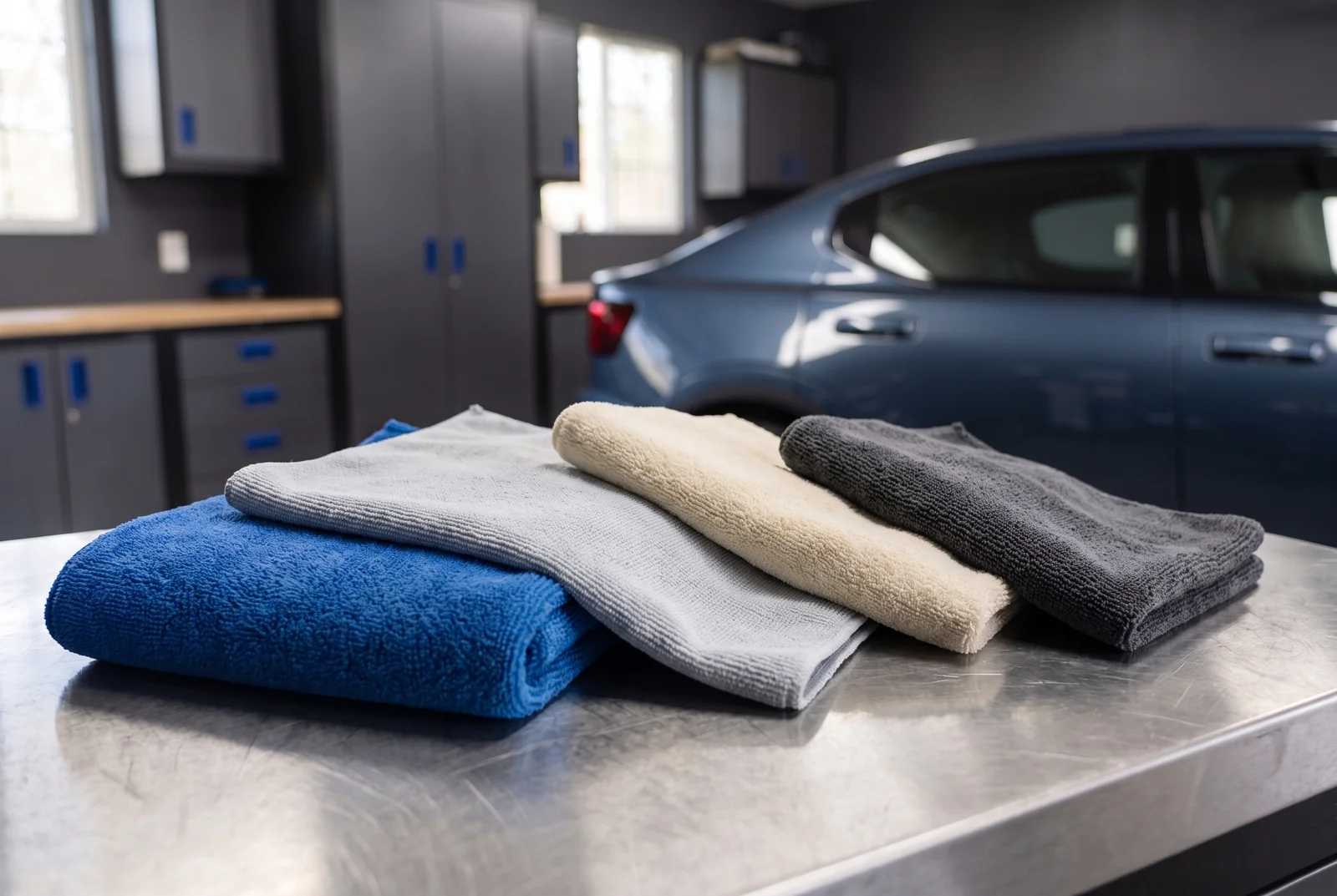 Four microfiber towels with different piles and weaves on a graphite bench.