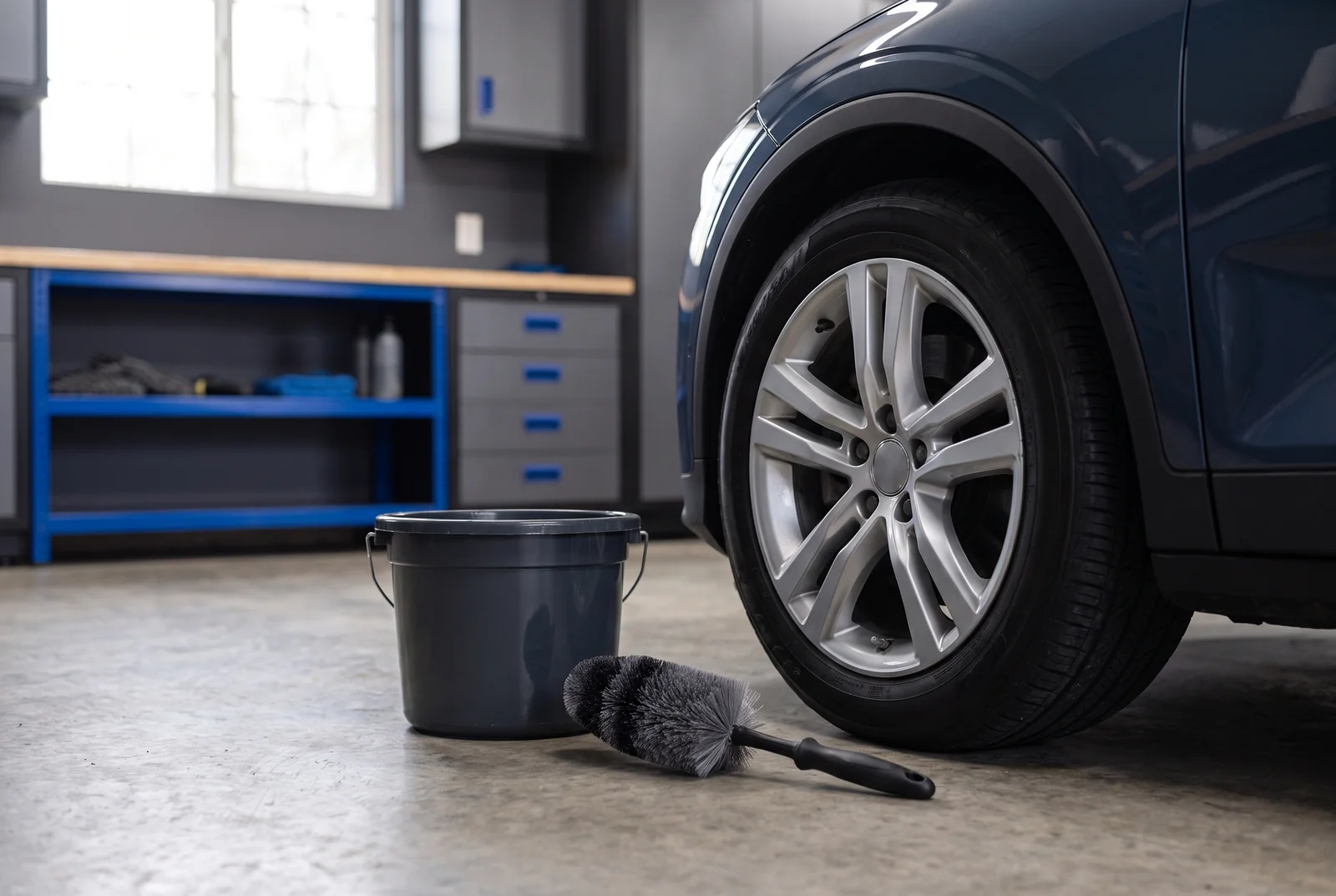 An alloy wheel beside a dedicated soft brush and utility bucket.