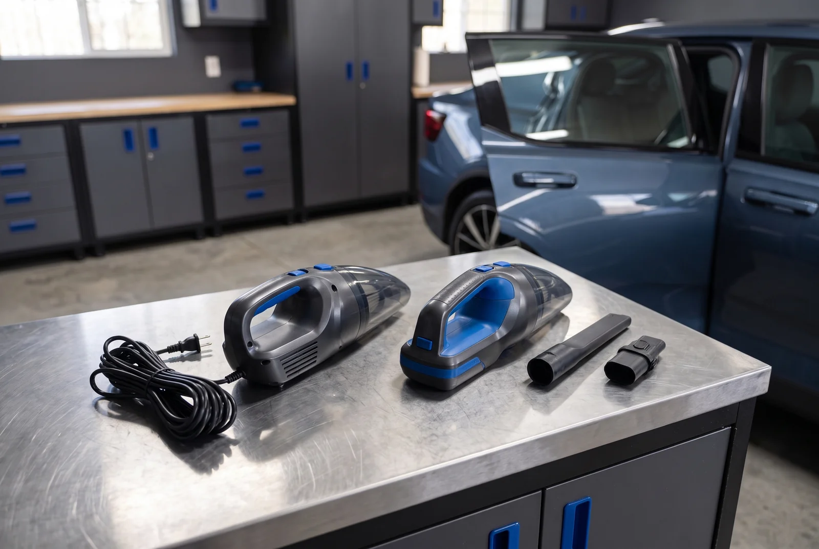 A corded vacuum and cordless handheld vacuum with crevice tools on a bench.