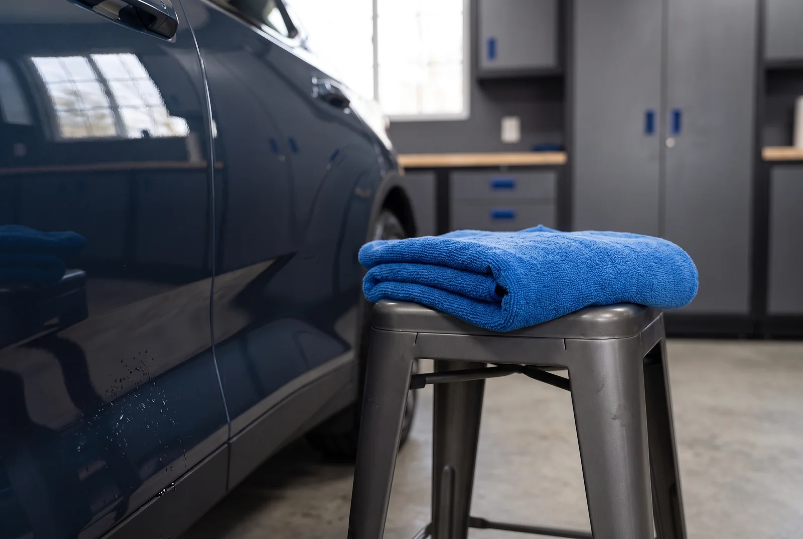 A navy car panel with a clean drying towel on a nearby stool.